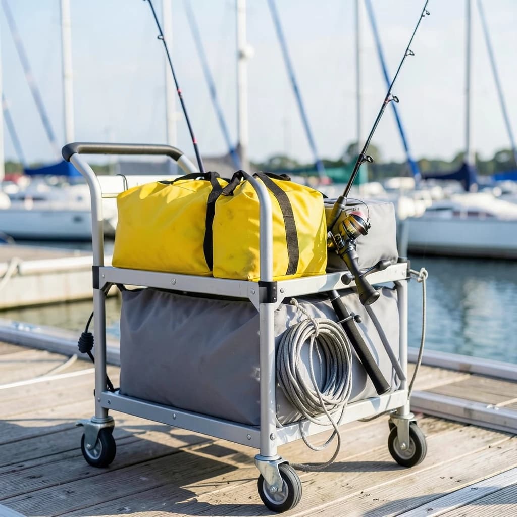 Lifestyle listing photo on a marina dock: a folding dock cart holding three dry bags, the largest yellow and the two smaller ones grey, two fishing rods leaning against the handle, and one coiled dock line hanging from the front rail. Masts blurred behind.