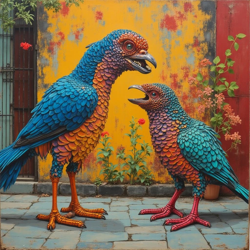 Crossopterygian and Blue Runner in Hanoi, Vietnam in the style of pop art