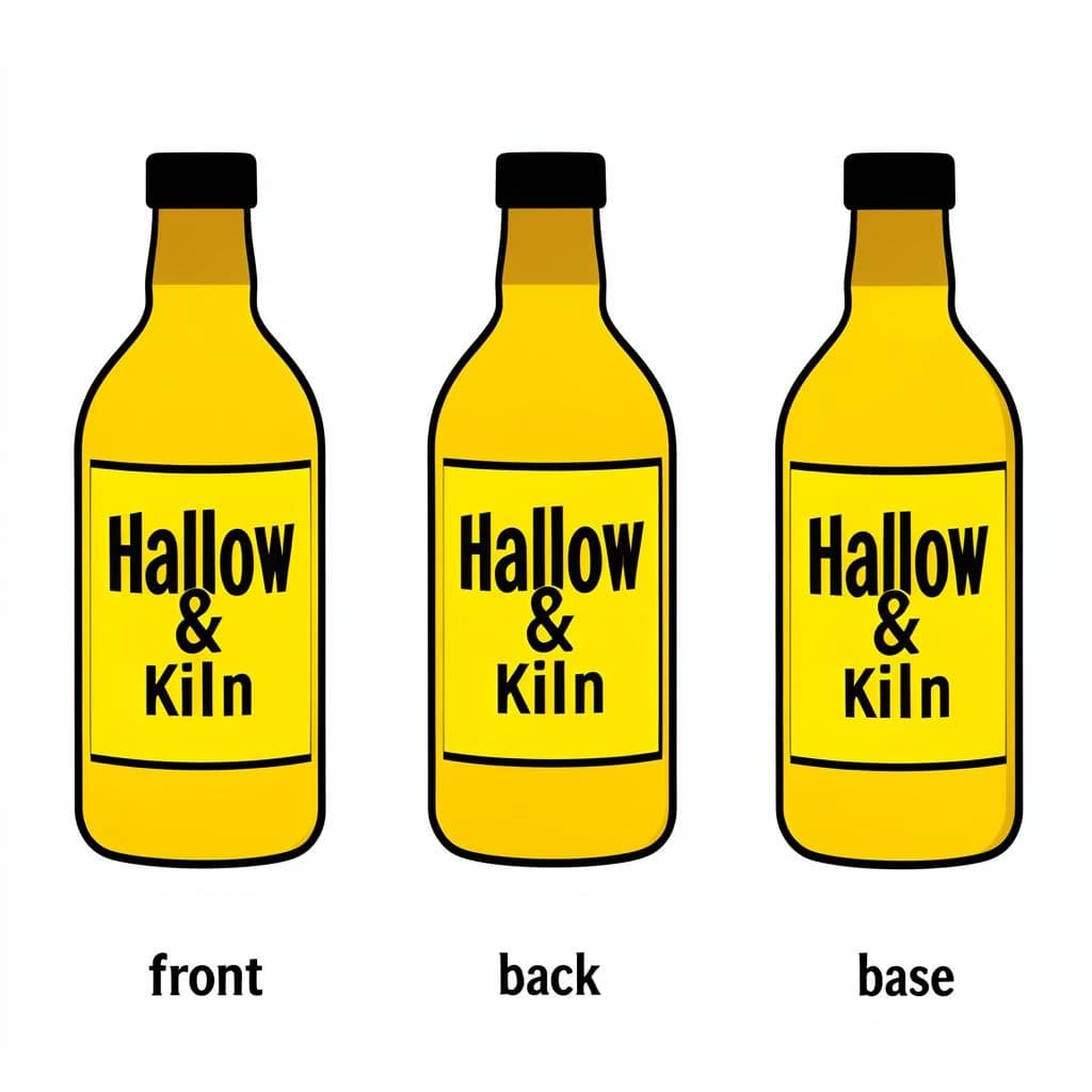 Flat vector illustration of the same hot-sauce bottle drawn in three views, captioned "front", "back" and "base", every view carrying the wordmark "Hollow & Kiln" in the same black-and-yellow coloring, only the angle changing.