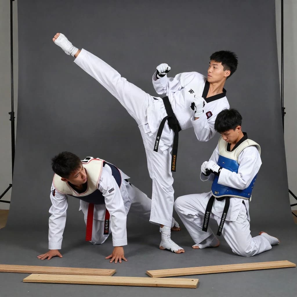 Studio photography, stunt and costume reference on a seamless charcoal backdrop, one hard key from camera left. Three taekwondo athletes in a tight diagonal: the tallest, in a white uniform with a black belt, holds a side kick frozen at chest height; the shortest, in navy with a red belt, ducks under it with both palms flat on the floor; the third kneels behind them fastening a blue chest guard onto a folded uniform. Two snapped pine boards lie at the front edge of the frame, a third board still whole in a holder's gloved hands.