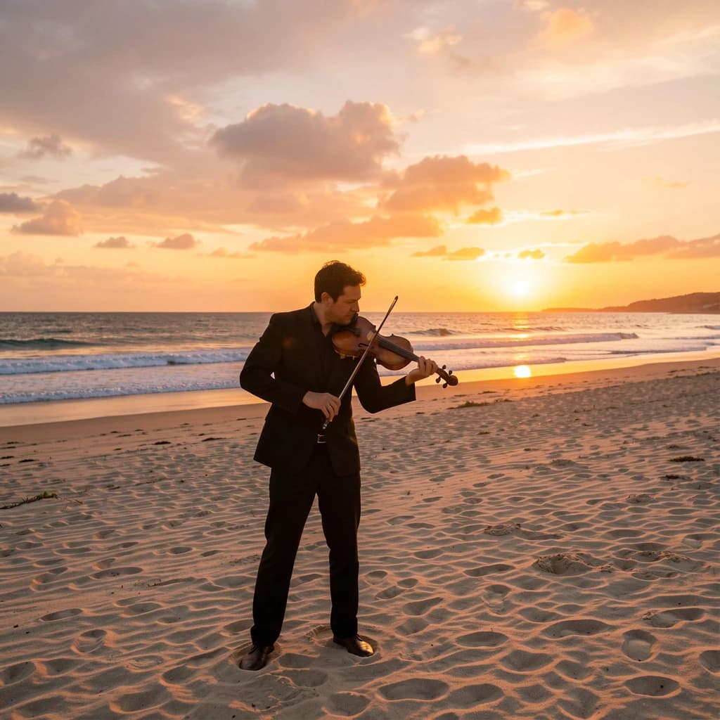 still violinist on open sand, sunset