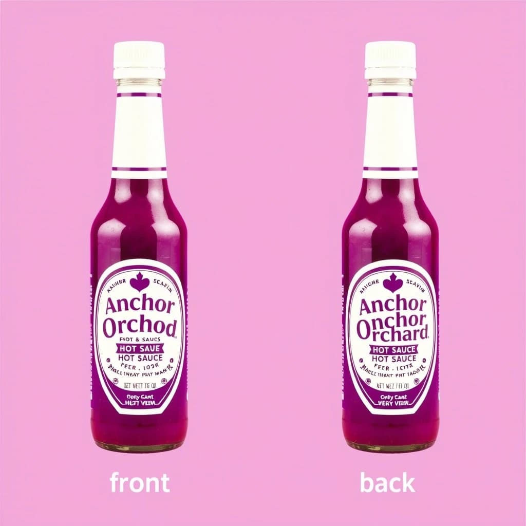 Printed poster: one hot-sauce bottle in two views. The views are captioned "front" and "back" in that order. The wordmark "Anchor Orchard" appears on every view. The purple-and-white coloring is the same across every view, and only the angle changes.