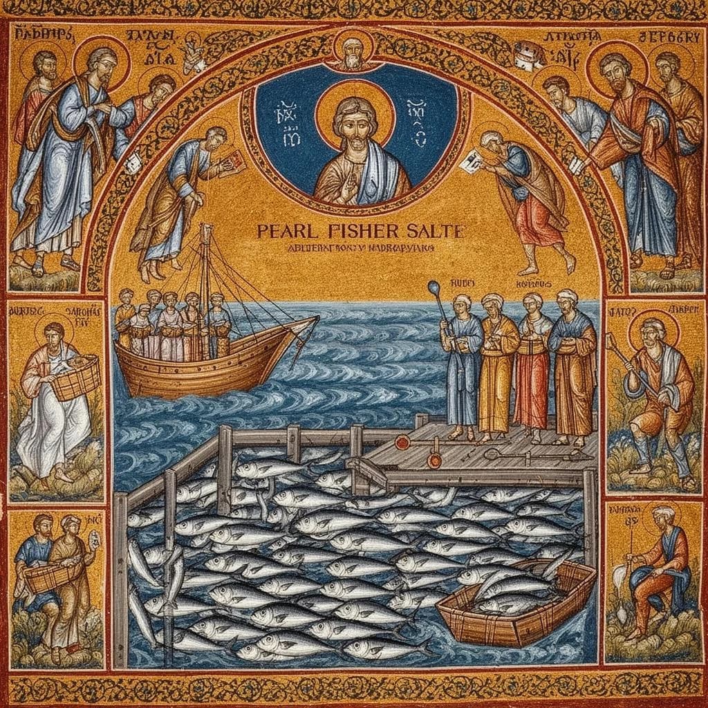 Pearl Fishery and Salter in Abuja, Nigeria in the style of byzantine