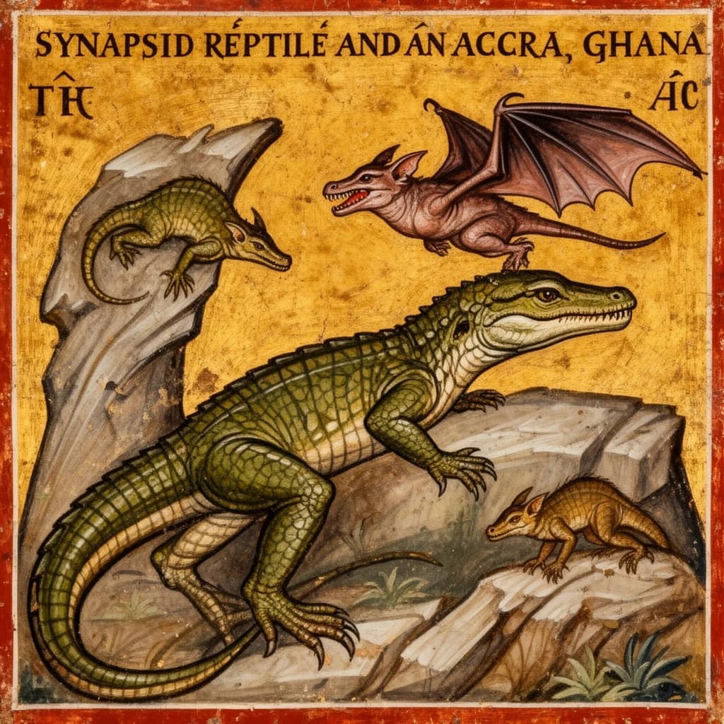 Synapsid Reptile and Bat in Accra, Ghana in the style of byzantine