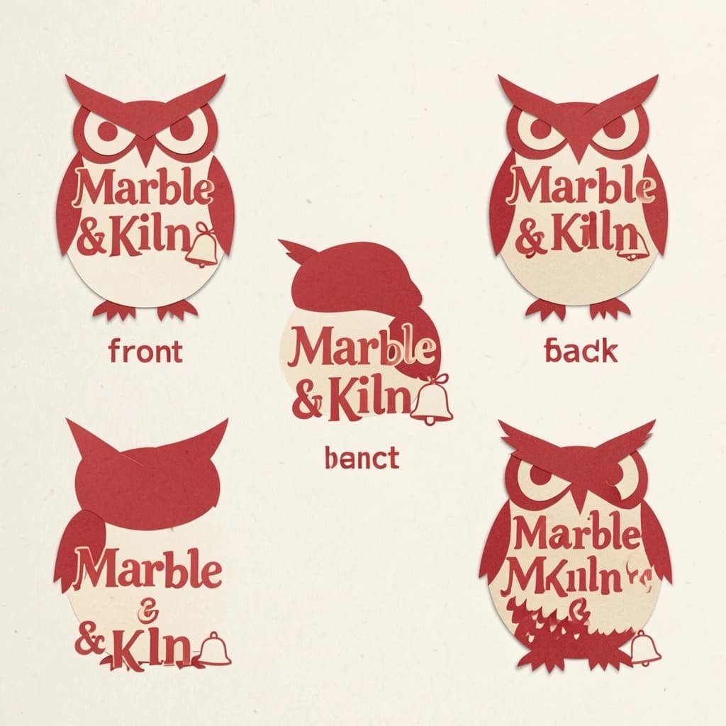 Cut-paper collage of the same bookstore owl mascot drawn in three views, captioned "front", "side" and "back", every view carrying the wordmark "Marble & Kiln" with a small bell outline beside it in the same red-and-cream coloring, only the angle changing.