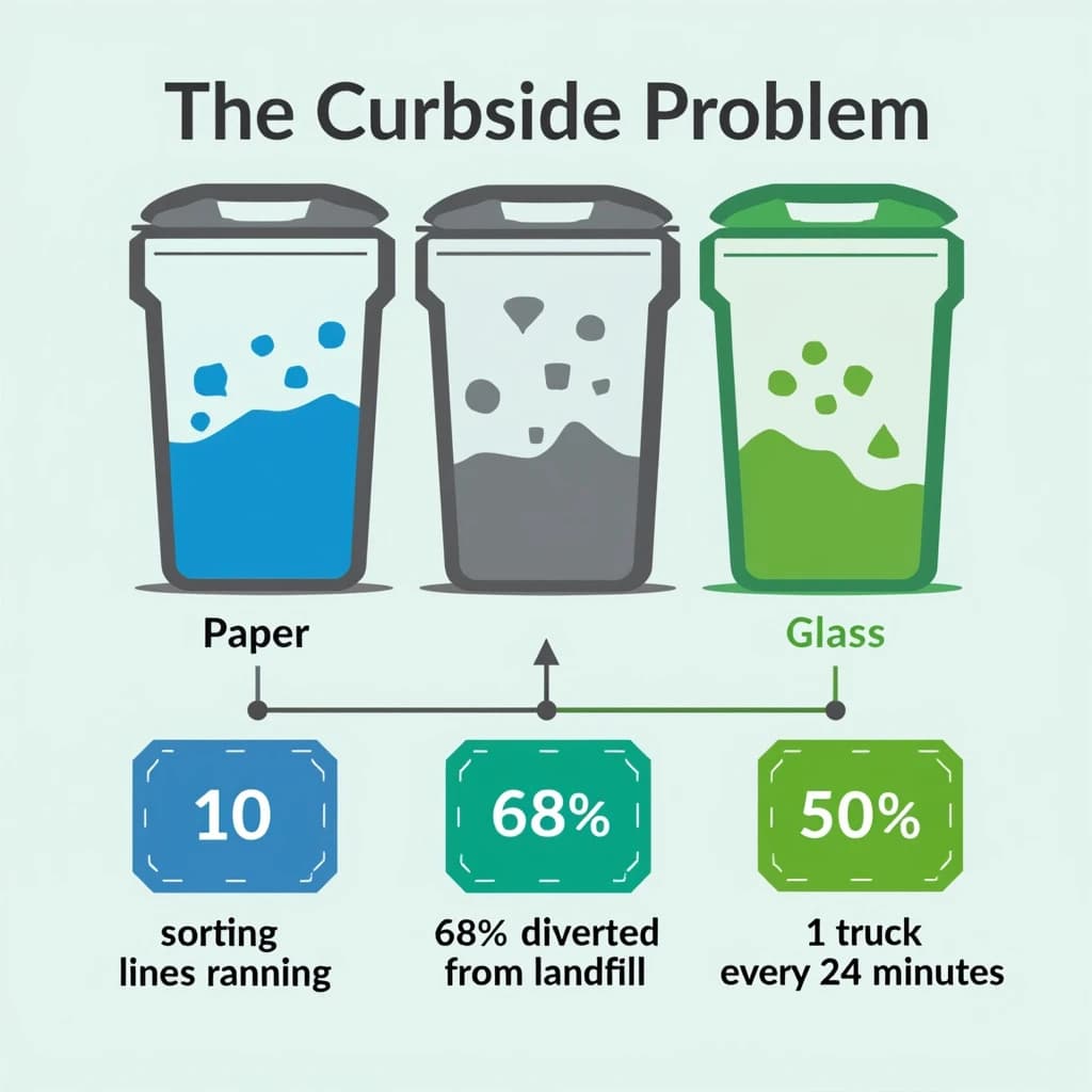 Flat vector illustration titled "The Curbside Problem". Three sorting bins with arrows to their destinations sits at the center, carrying two keyed regions, "Paper" shaded blue and "Glass" shaded green. Three stat chips run down a bottom row, reading "10 sorting lines running", "68% diverted from landfill" and "1 truck every 24 minutes". Each key color matches the shading of the region it names.