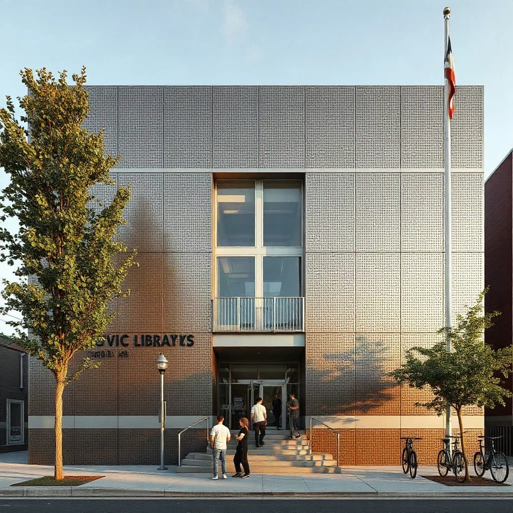 Photorealistic exterior render, late afternoon, of a small civic library clad in perforated bronze panels whose holes form a halftone pattern, dense and dark at the base and fading to sparse near the parapet.
Nine panels span the main facade in three bays of three, and the middle bay slides open to reveal clear glazing behind. Two street trees stand in front, the taller one shading the entrance stair, the shorter one set back beside a bike rack holding four bikes. Five people on the stair, three climbing and two seated near the handrail. One flagpole, bare.