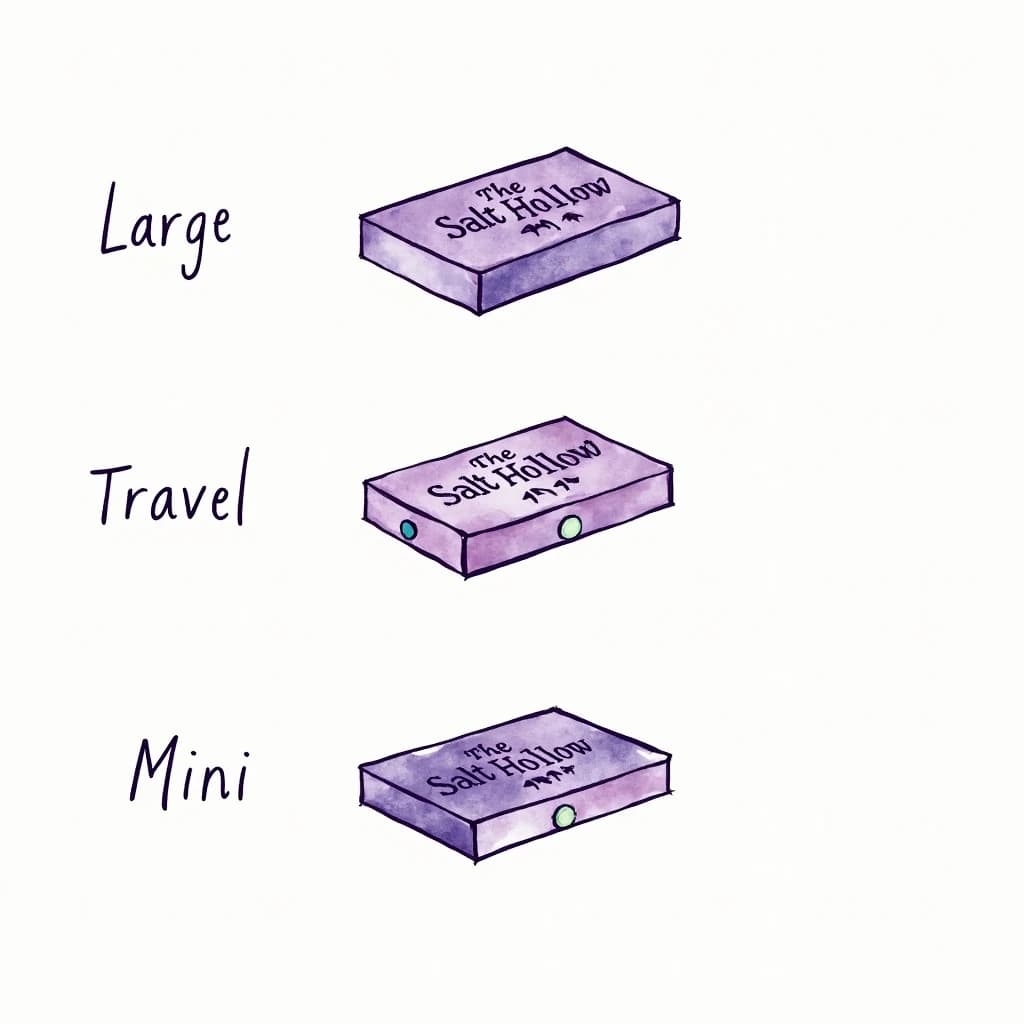 Watercolor of the same board-game box drawn in three editions, captioned "Large", "Travel" and "Mini", every edition carrying the wordmark "The Salt Hollow" in the same purple-and-white coloring, only the box size changing.