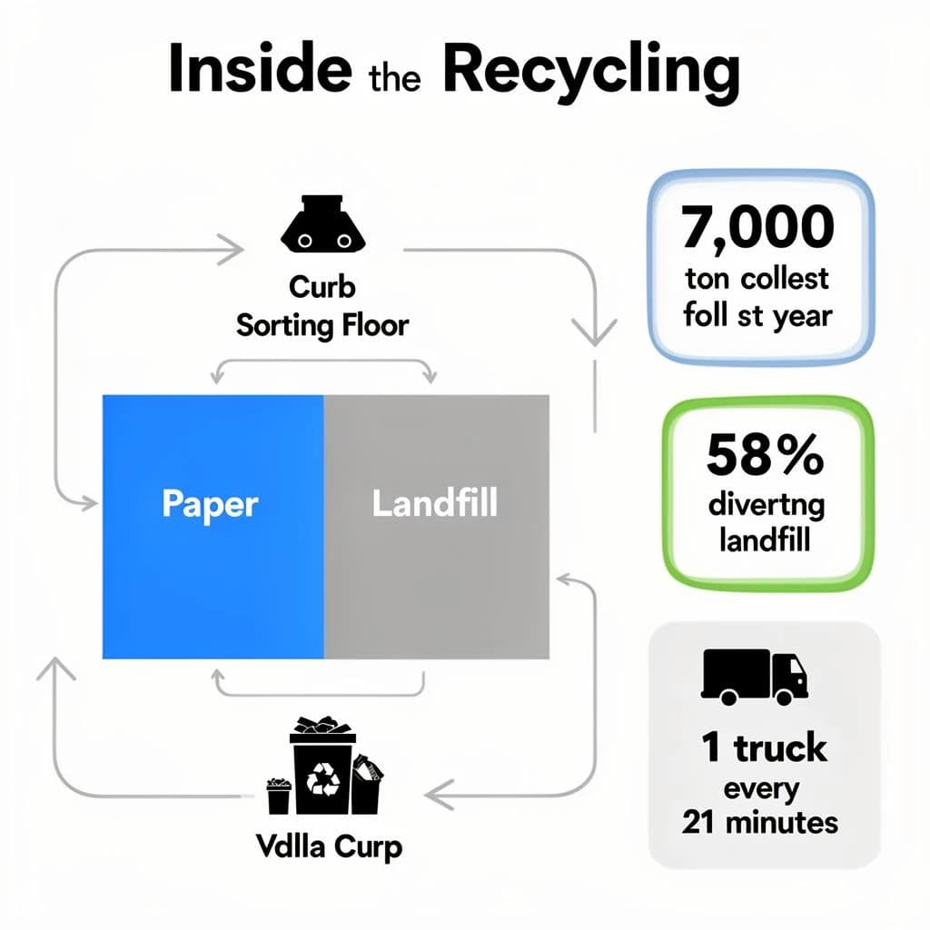 Flat infographic titled "Inside the Recycling": at the center a flow chart from curb to sorting floor, carrying two keyed regions, "Paper" shaded blue and "Landfill" shaded gray, beside a right column of three stat chips reading "7,000 tons collected last year", "58% diverted from landfill" and "1 truck every 21 minutes".