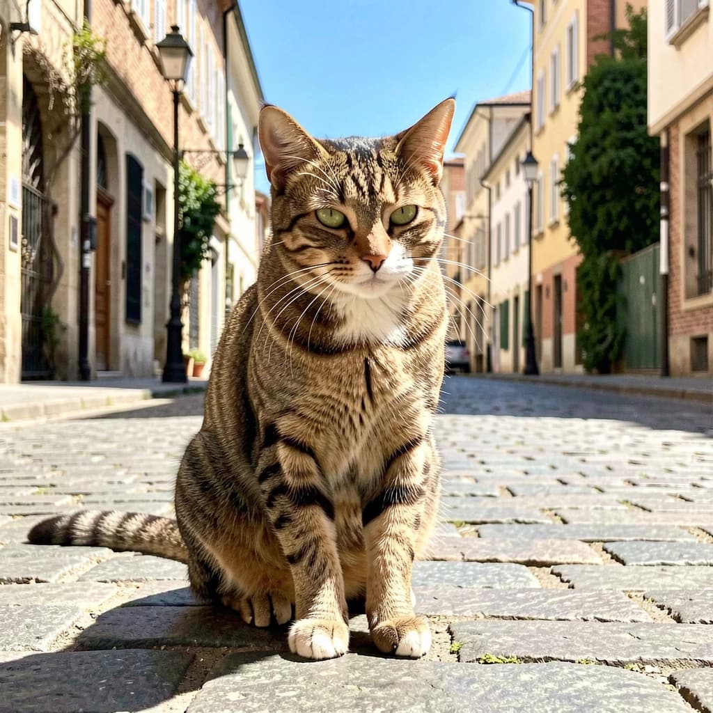The instant a tabby cat gathers the color of the surrounding sky, on a cobblestone street, in bright midday sun.