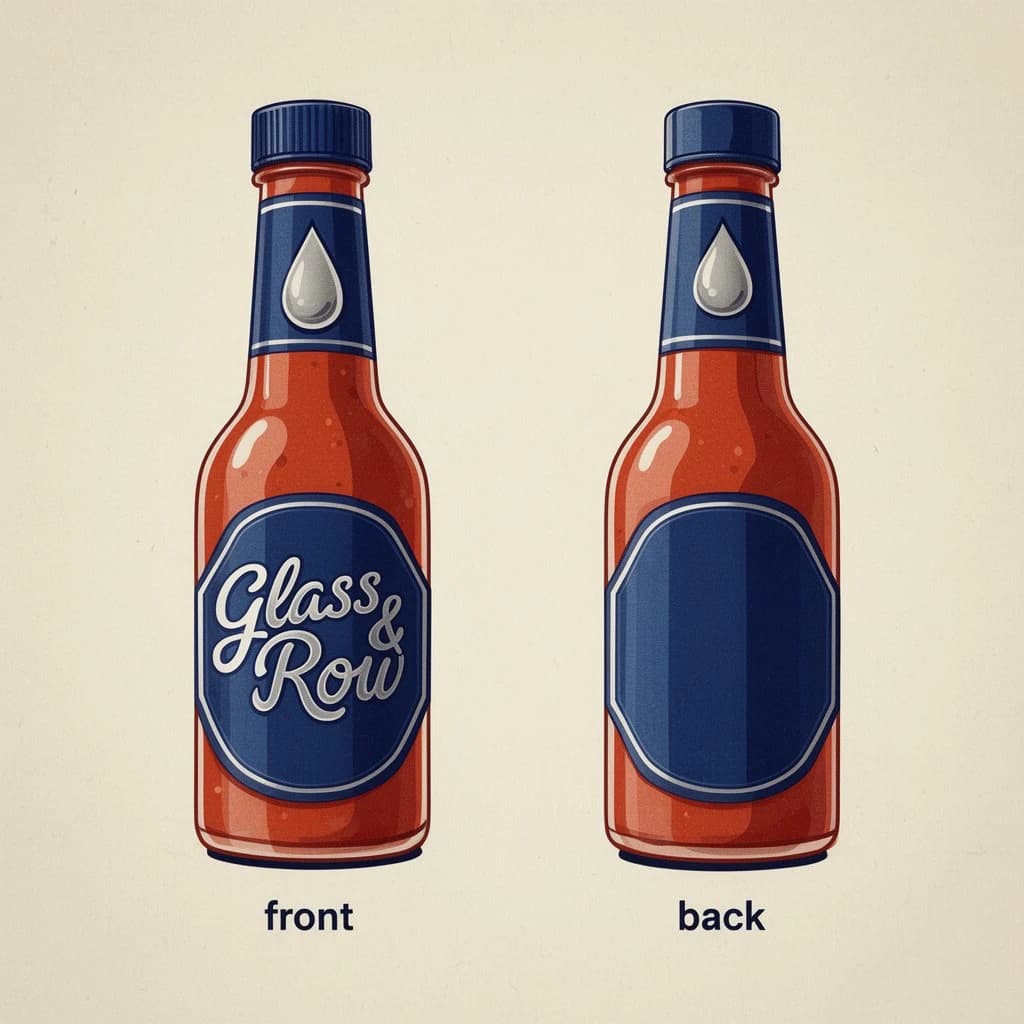 Printed poster of the same hot-sauce bottle drawn in two views, captioned "front" and "back", every view carrying the wordmark "Glass & Row" with a single droplet symbol beside it in the same blue-and-silver coloring, only the angle changing.