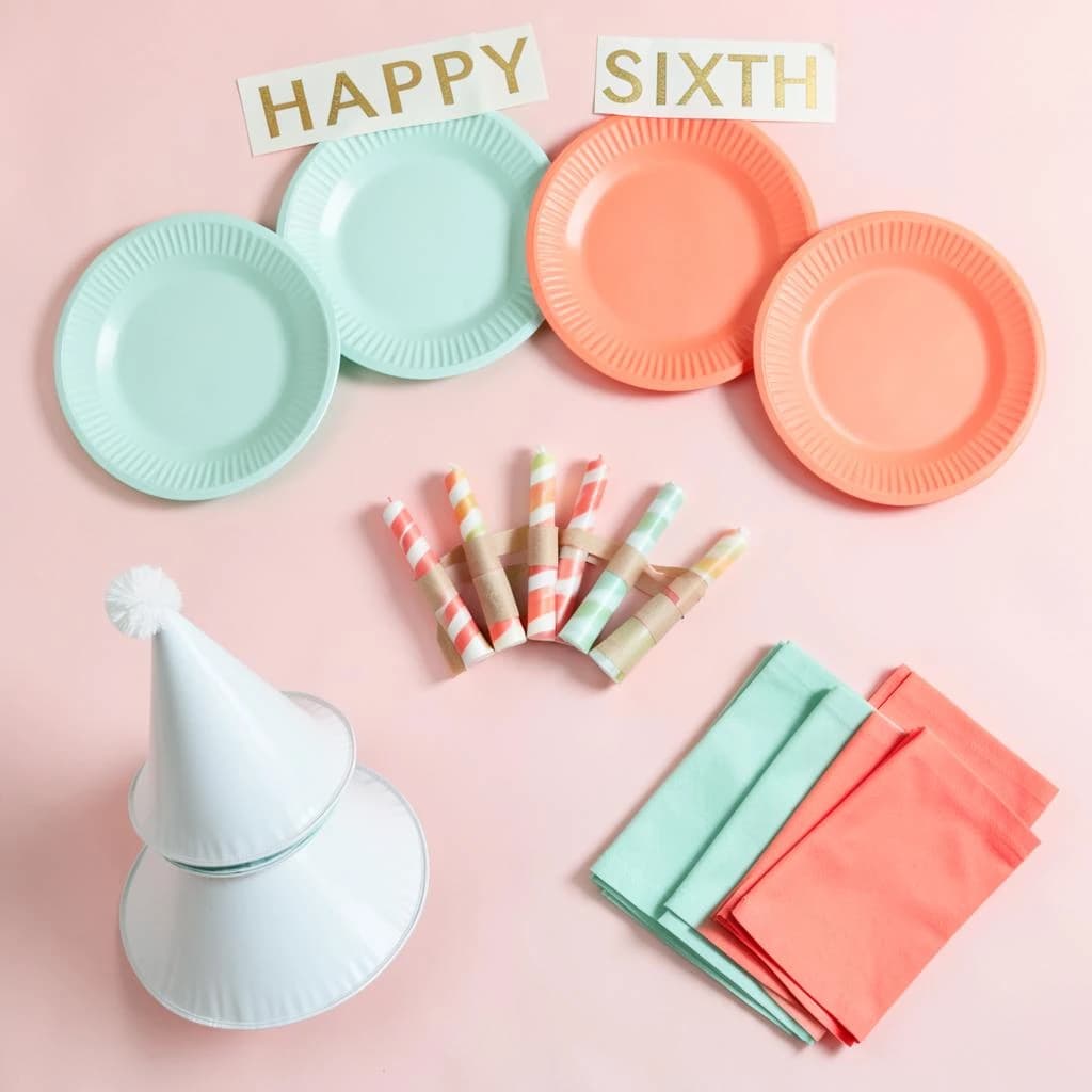 Flat lay photograph on pale pink paper, lit softly from above.
Eight paper plates fanned in an arc across the top of the frame, alternating mint and coral, four of each, mint first from the left.
Below the arc, twelve striped candles bundled under a paper band, laid diagonally.
Three cone party hats stacked at the lower left, only the middle hat trimmed with a pom pom.
At the lower right, six folded napkins in two piles of three, one pile mint and one coral.
A paper banner strung across the very top spells "HAPPY SIXTH" in gold letters, a few letters overlapping the plate arc.