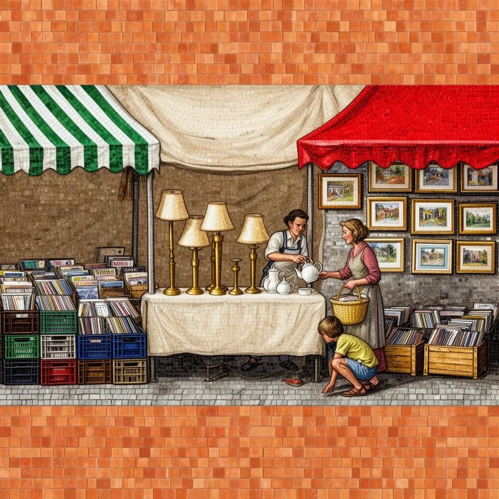 Glass tile mosaic of a Sunday flea market seen from a slightly raised angle, small square tesserae and warm terracotta grout. Three stall awnings in a row: the left one striped green and white over stacked vinyl crates, the middle plain canvas over six brass lamps with only the two tallest wearing shades, the right red awning hung with nine framed pictures in three rows of three. Under the middle awning a vendor in an apron hands a teapot across the table to a woman holding a straw basket, while a boy crouches at her feet by a crate of records. No lettering anywhere.