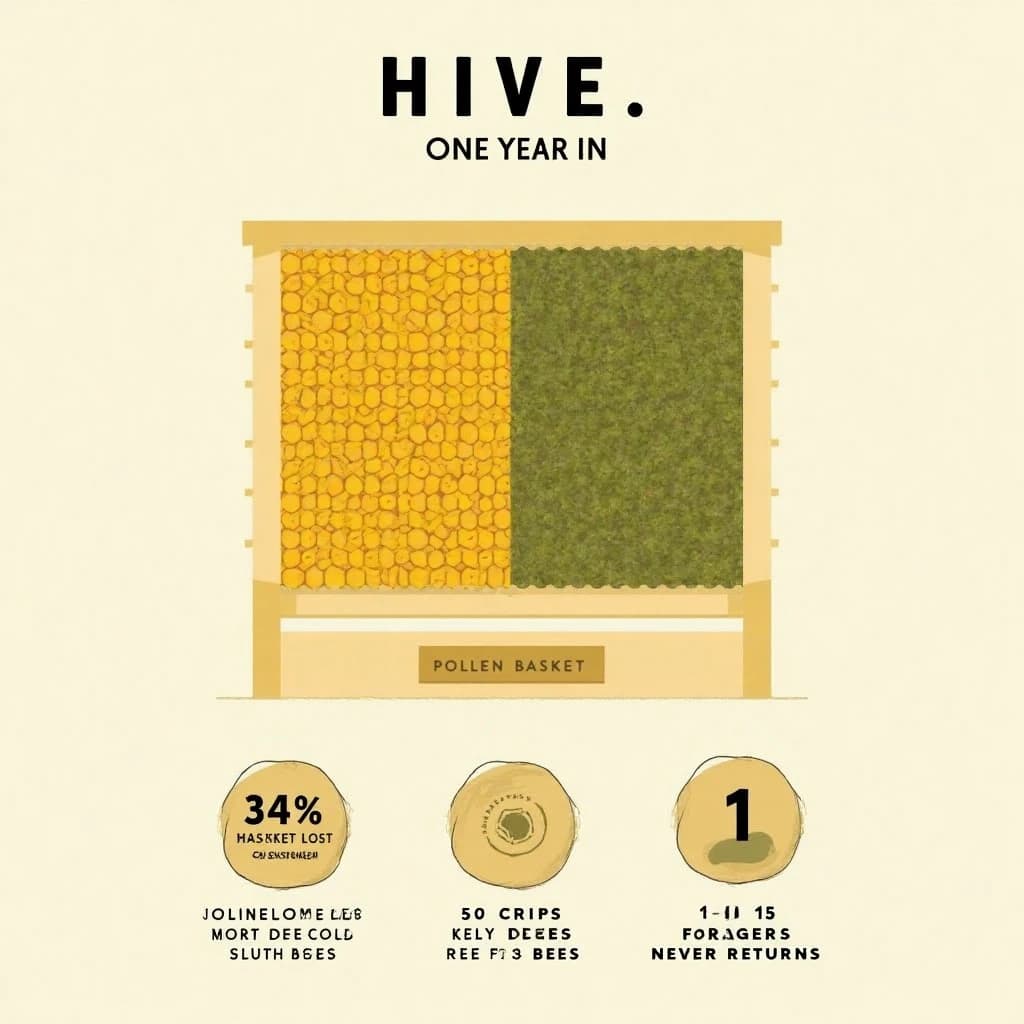 Printed poster titled "Hive, One Year In": at the center a cutaway of a hive frame, carrying two keyed regions, "Pollen basket" shaded amber and "Brood cells" shaded olive, beside a bottom row of three stat chips reading "34% of hives lost last winter", "50 crops rely on bees" and "1 in 15 foragers never returns".