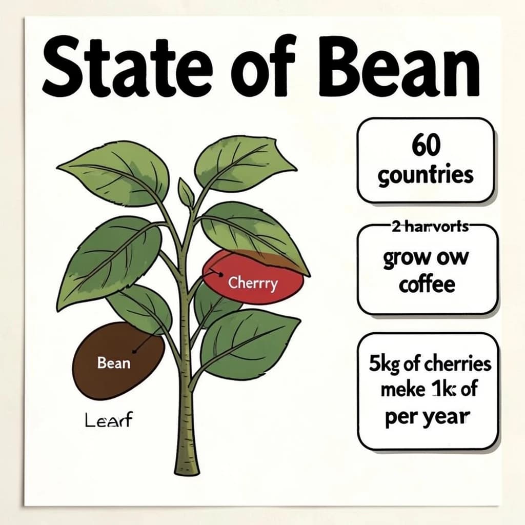 Printed poster titled "State of Bean": at the center a labeled coffee-plant diagram, carrying three keyed regions, "Bean" shaded brown, "Cherry" shaded red and "Leaf" shaded green, beside a right column of three stat chips reading "60 countries grow coffee", "5kg of cherries make 1kg of beans" and "2 harvests per year".