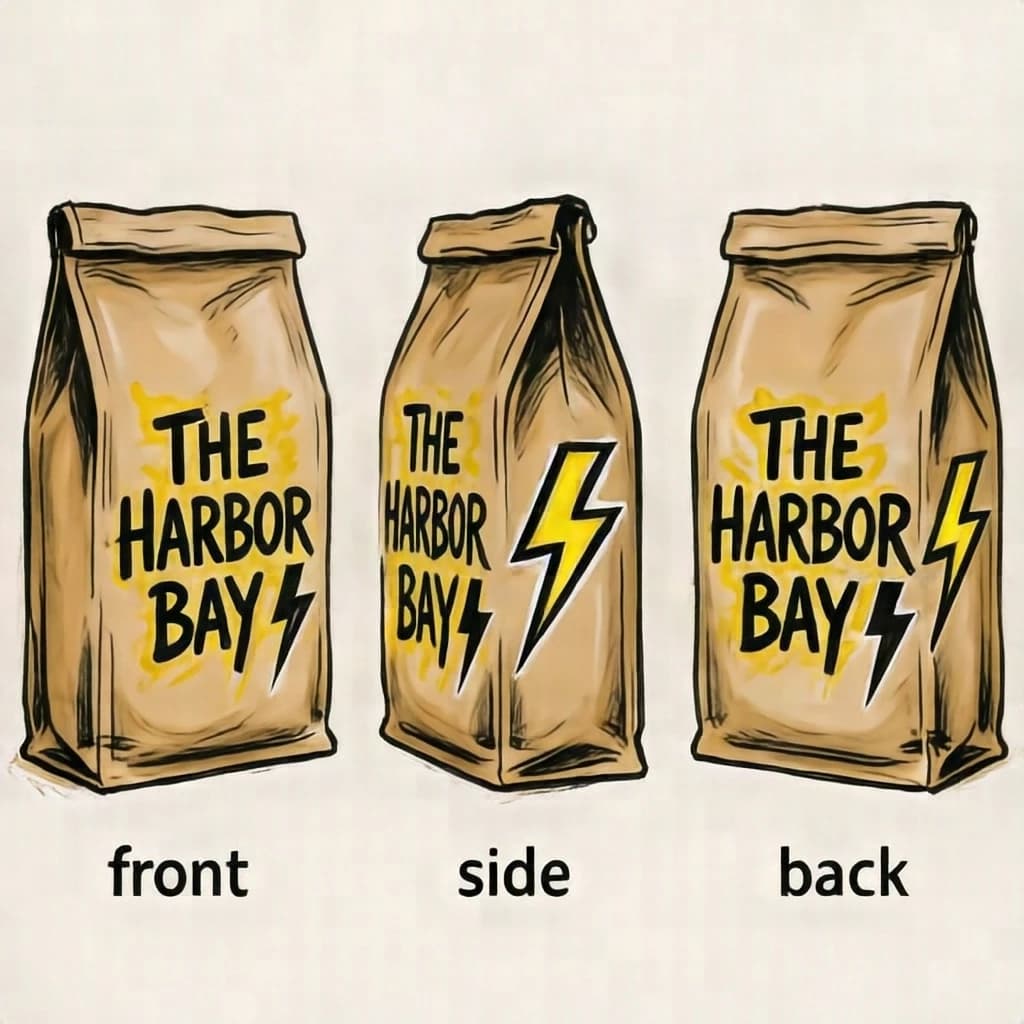 Gouache painting of the same coffee bag drawn in three views, captioned "front", "side" and "back", every view carrying the wordmark "The Harbor Bay" with a lightning-bolt symbol beside it in the same black-and-yellow coloring, only the angle changing.