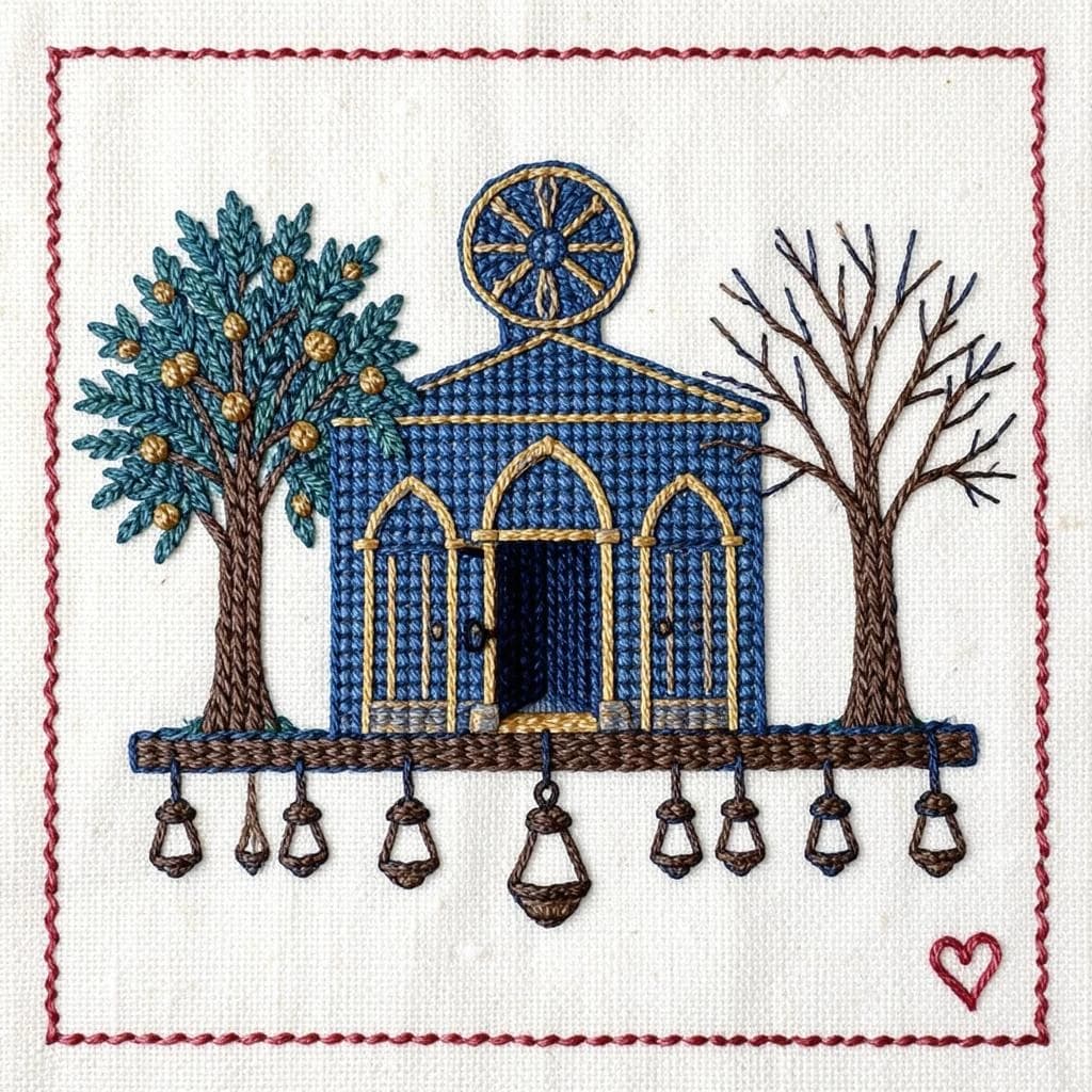Pin stitched as a cross stitch sampler on natural linen, chunky visible stitches. Center: a synagogue front elevation in deep blue and gold thread, a rose window above three arched doors, the middle door taller and standing open while the two outer doors are closed. Two stitched olive trees flank the building, the left one heavy with fruit and the right one bare. Along the bottom, nine stitched lamps hang from a stitched beam with the middle lamp hanging lower than the rest. A narrow pomegranate border runs all the way around, with a small stitched heart in the bottom right corner.