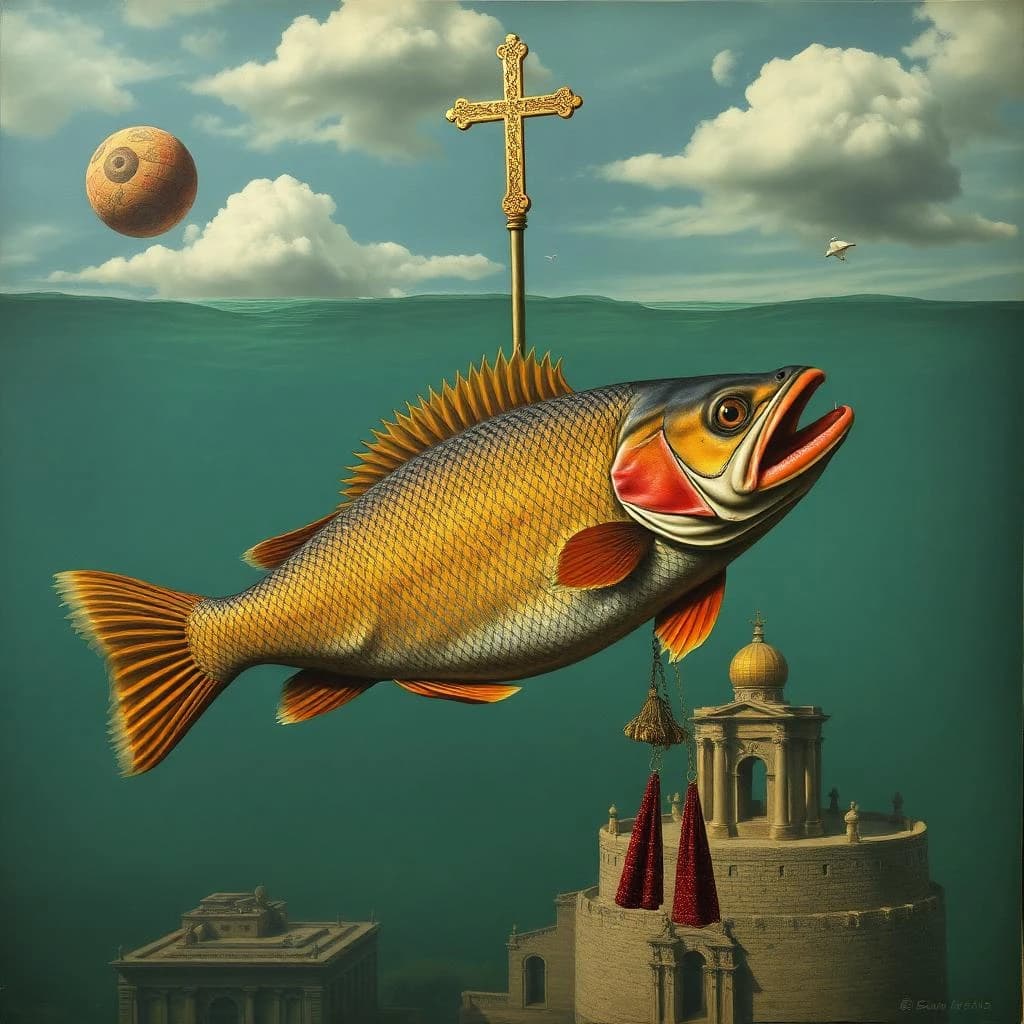 Scapular and Game Fish in Rome, Italy in the style of surrealist