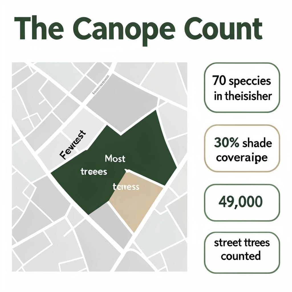 Flat infographic titled "The Canopy Count": at the center a simplified street map with shaded districts, carrying two keyed regions, "Most trees" shaded dark green and "Fewest trees" shaded tan, beside a right column of three stat chips reading "70 species in the register", "30% shade coverage" and "49,000 street trees counted".