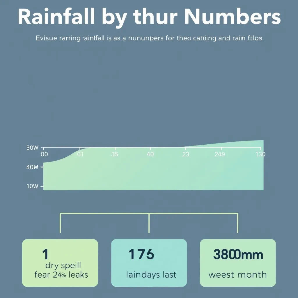 Flat infographic titled "Rainfall by the Numbers": at the center a twelve-month rainfall timeline, carrying two keyed regions, "Average" shaded pale green and "Wettest" shaded dark blue, beside a bottom row of three stat chips reading "1 dry spell every 4 weeks", "175 rain days last year" and "380mm in the wettest month".