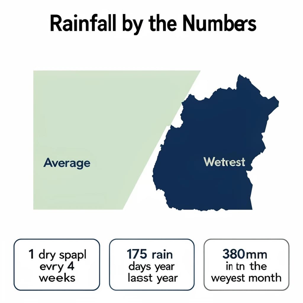 Flat infographic titled "Rainfall by the Numbers": at the center a twelve-month rainfall timeline, carrying two keyed regions, "Average" shaded pale green and "Wettest" shaded dark blue, beside a bottom row of three stat chips reading "1 dry spell every 4 weeks", "175 rain days last year" and "380mm in the wettest month".