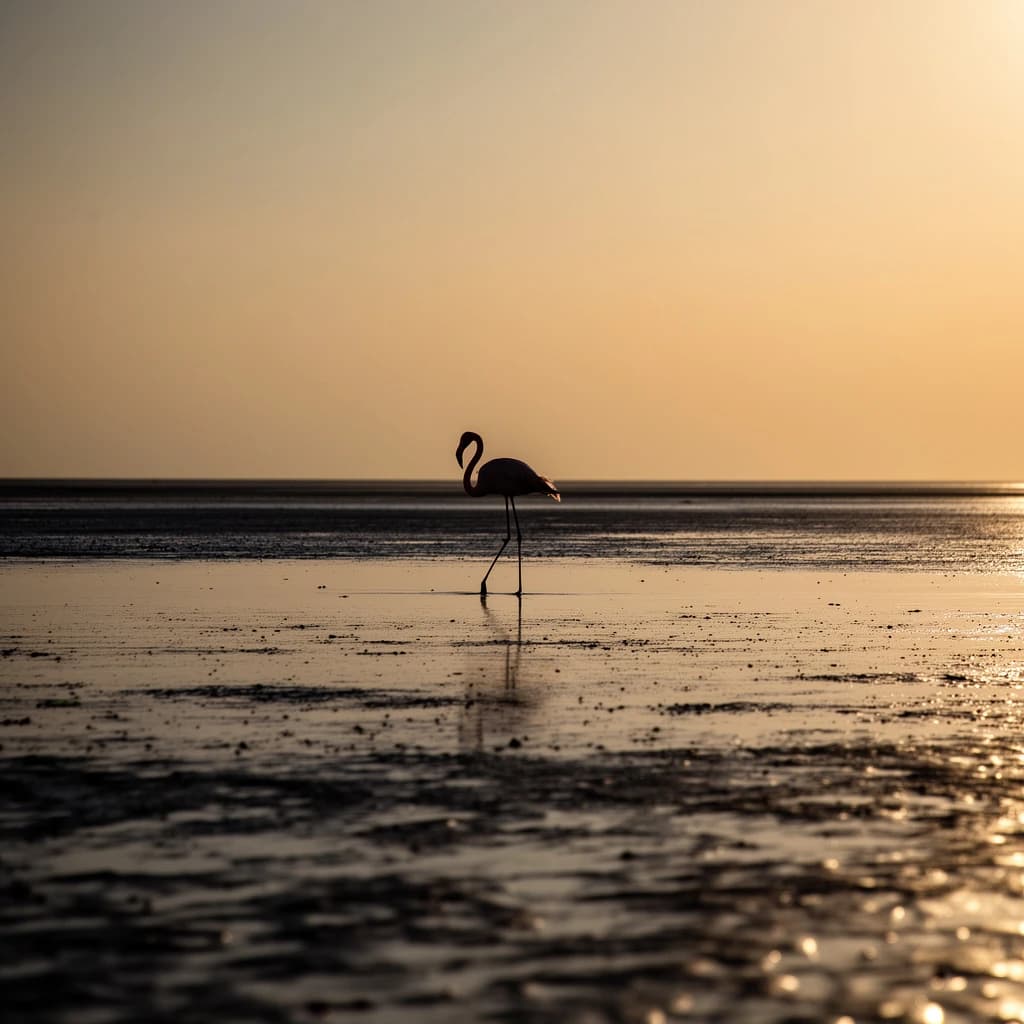 distant flamingo on wet sand, silhouette