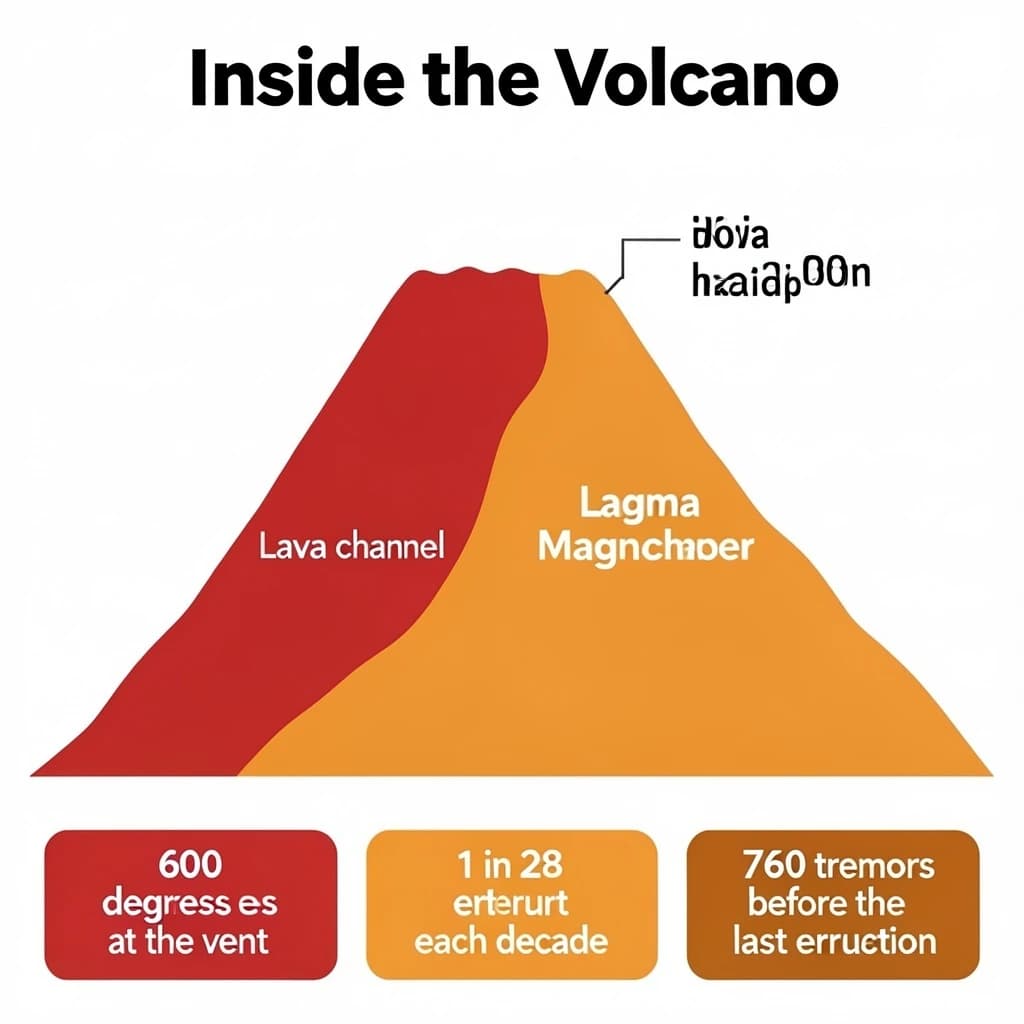 Flat infographic titled "Inside the Volcano". A simplified hazard map of the slopes sits at the center, carrying two keyed regions, "Lava channel" shaded red and "Magma chamber" shaded orange. Three stat chips run down a bottom row, reading "600 degrees at the vent", "1 in 28 erupt each decade" and "760 tremors before the last eruption". Each key color matches the shading of the region it names.