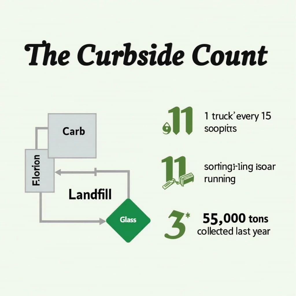Printed poster titled "The Curbside Count": at the center a flow chart from curb to sorting floor, carrying two keyed regions, "Glass" shaded green and "Landfill" shaded gray, beside a right column of three stat chips reading "1 truck every 15 minutes", "11 sorting lines running" and "35,000 tons collected last year".