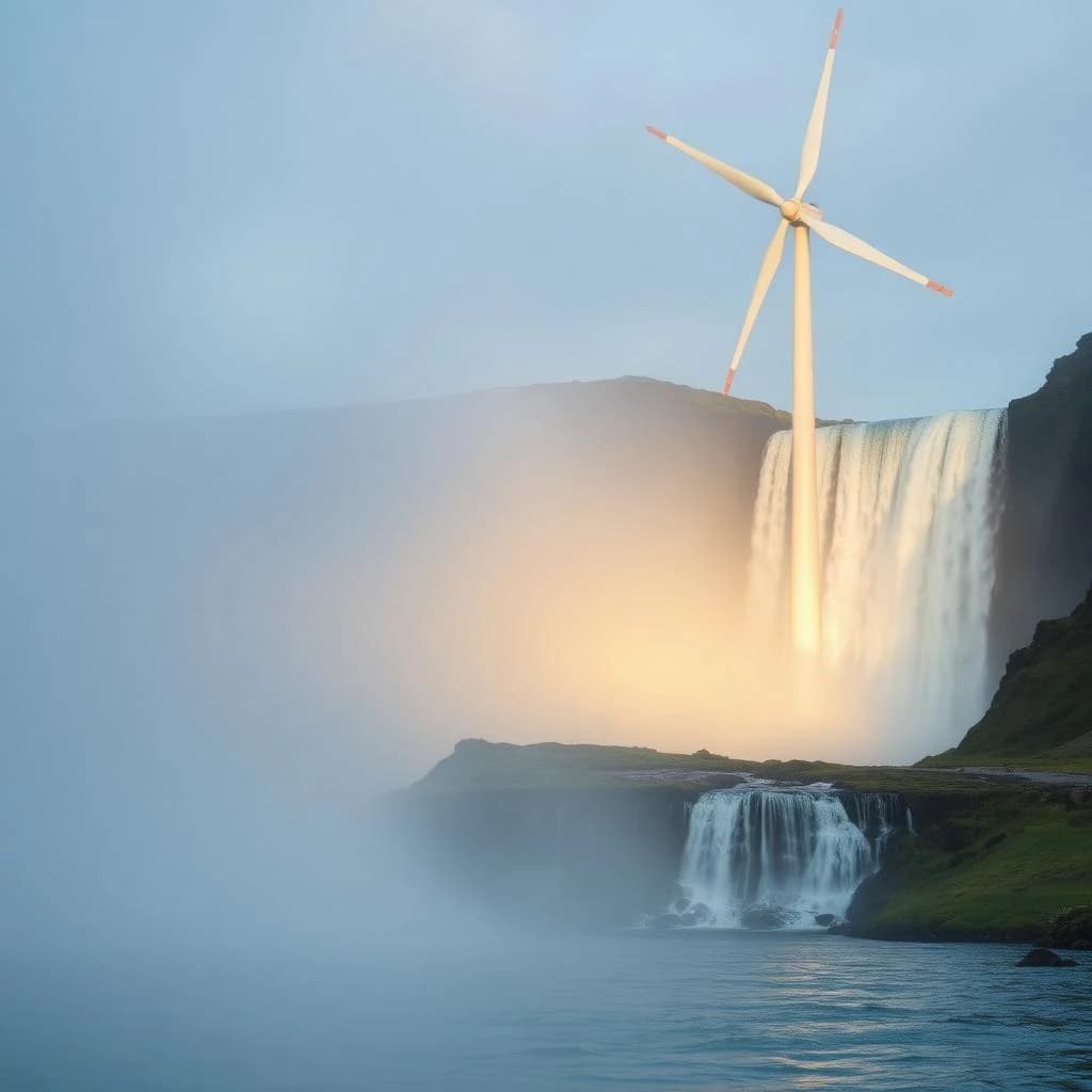 200mm f/1.4 close-up framing of a wind turbine beside a waterfall, lit by bounced light, deep focus, soft pastel color grade