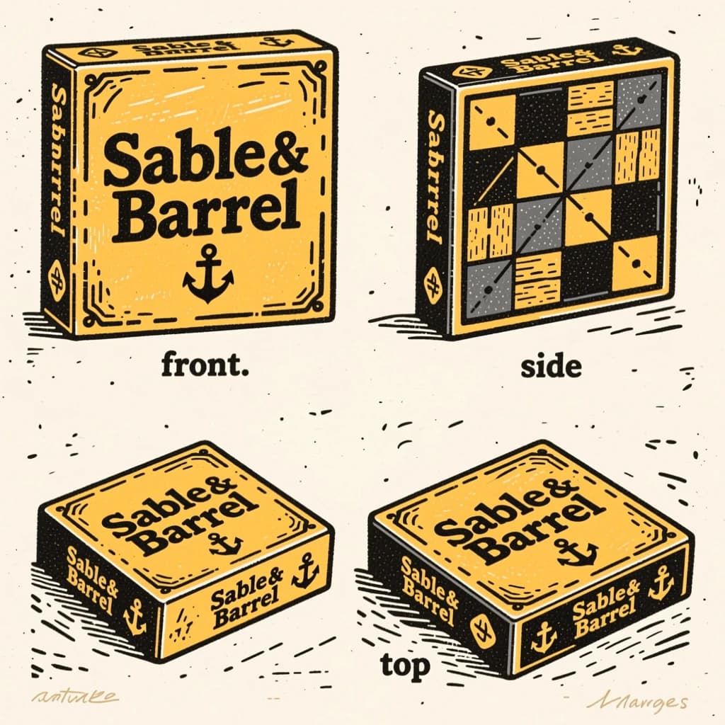 Linocut print: one board-game box in three views. The views are captioned "front", "side" and "top" in that order. The wordmark "Sable & Barrel" appears on every view with a small anchor mark beside it. The mustard-and-charcoal coloring is the same across every view, and only the angle changes.