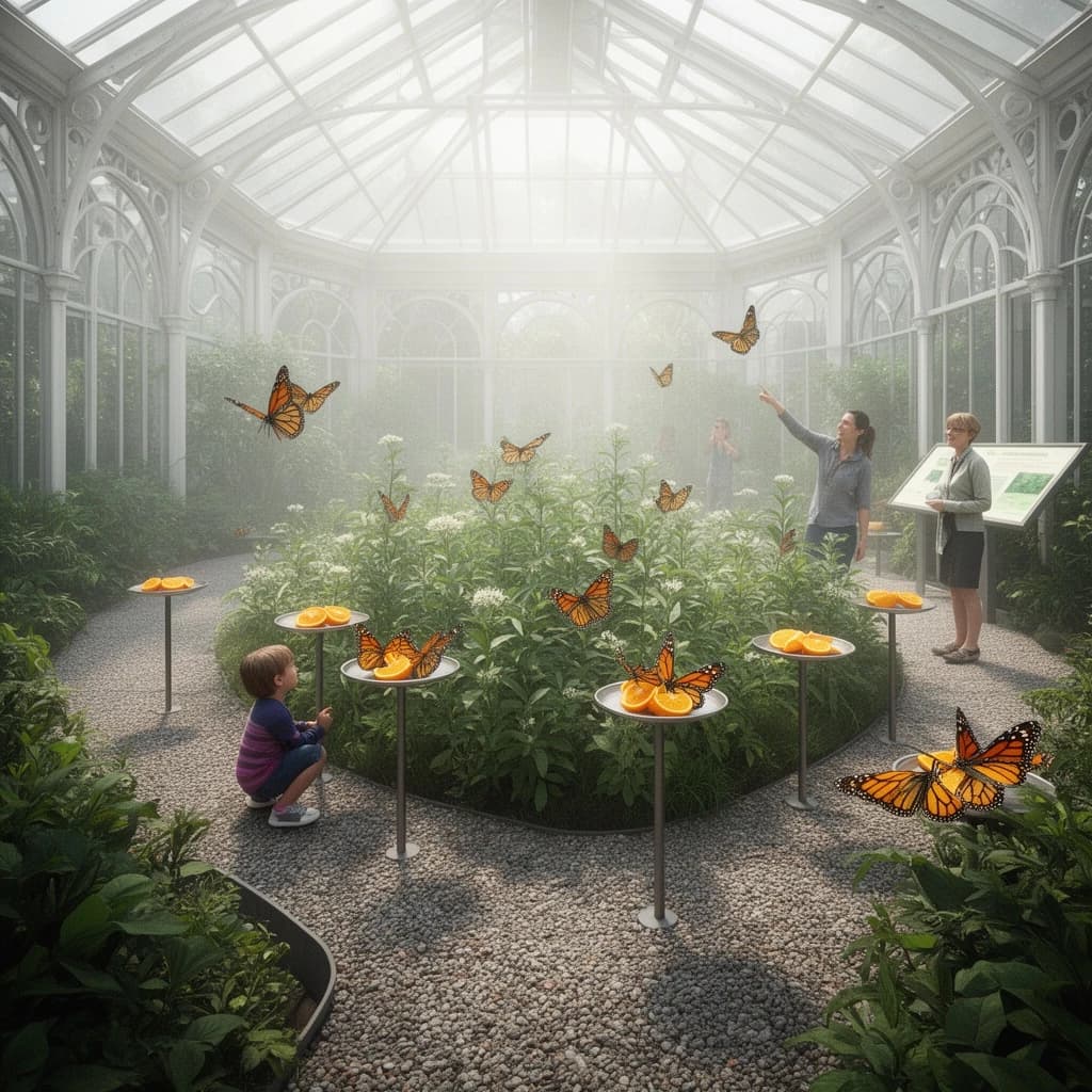 Interior render of a glasshouse butterfly conservatory, white cast iron arches and misted glass, humid morning light.
A raised planting bed spirals through the centre with a gravel path running around it. Five feeding stations on slim posts stand along the path, each holding a shallow dish of orange slices: monarch butterflies cluster on three of the dishes while two are untouched. Seven more monarchs rest on the milkweed in the bed and two are in flight above the path. Three visitors in the room, a child crouching at the nearest feeding station, an adult behind her pointing upward, and a guide standing at the far end beside an information board. Fine mist drifting near the roof vents. Physically based render.