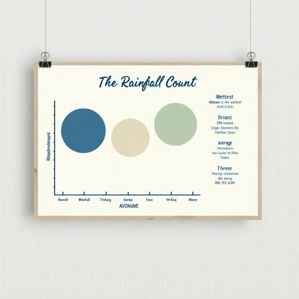 Printed poster titled "The Rainfall Count": at the center a twelve-month rainfall timeline, carrying three keyed regions, "Wettest" shaded dark blue, "Driest" shaded sand and "Average" shaded pale green, beside a right column of three stat chips reading "450mm in the wettest month", "20% above the ten-year mean" and "70 rain days last year".