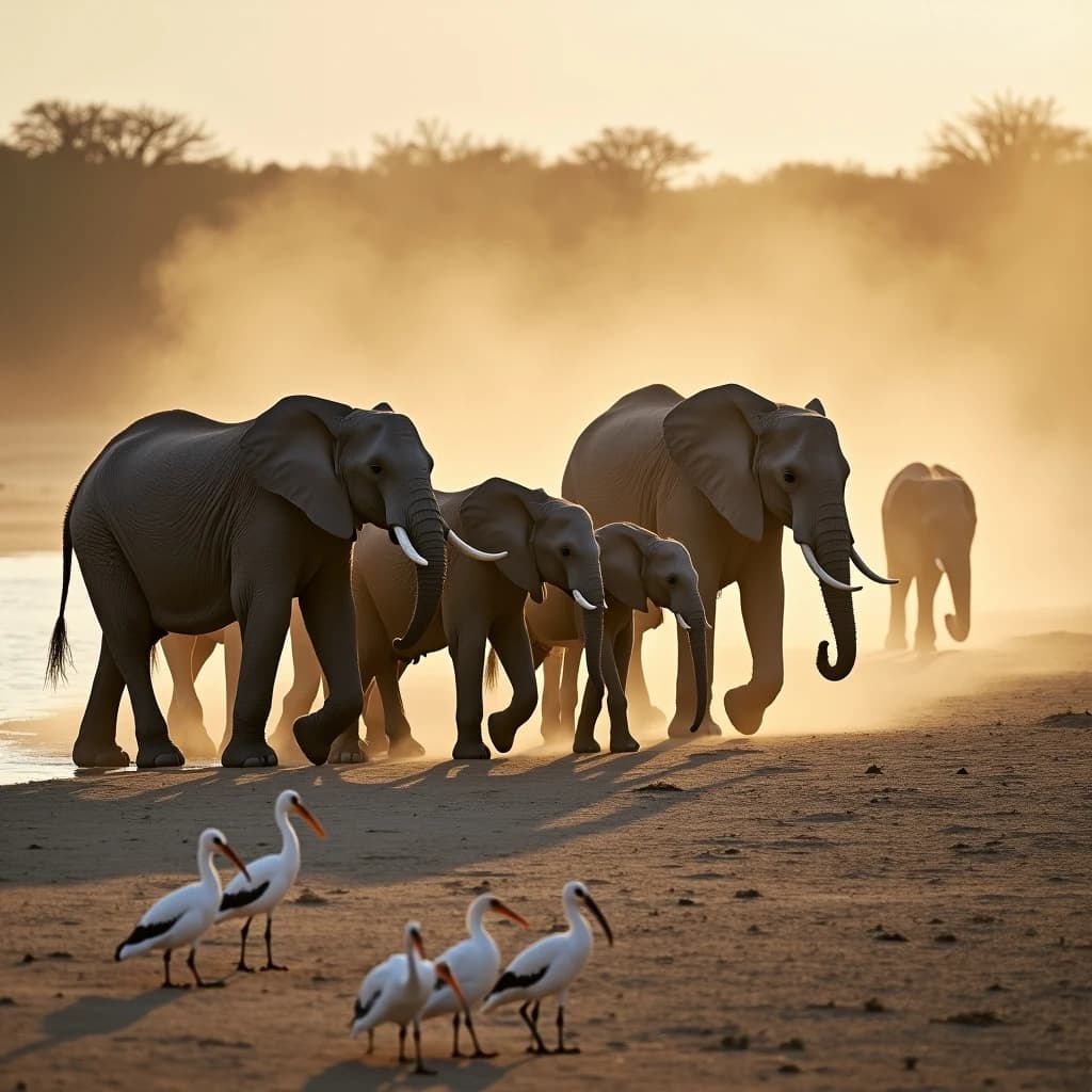 Wildlife photograph for a conservation campaign: a herd crossing a dusty riverbed in low sun. Seven elephants walking left to right, three adults flanking on the outside and two calves tucked between them, one adult trailing at the rear with a broken tusk, and the lead matriarch already up the far bank. Four egrets on the ground, only two of them near the calves. Long shadows, dust haze, nothing written in frame.