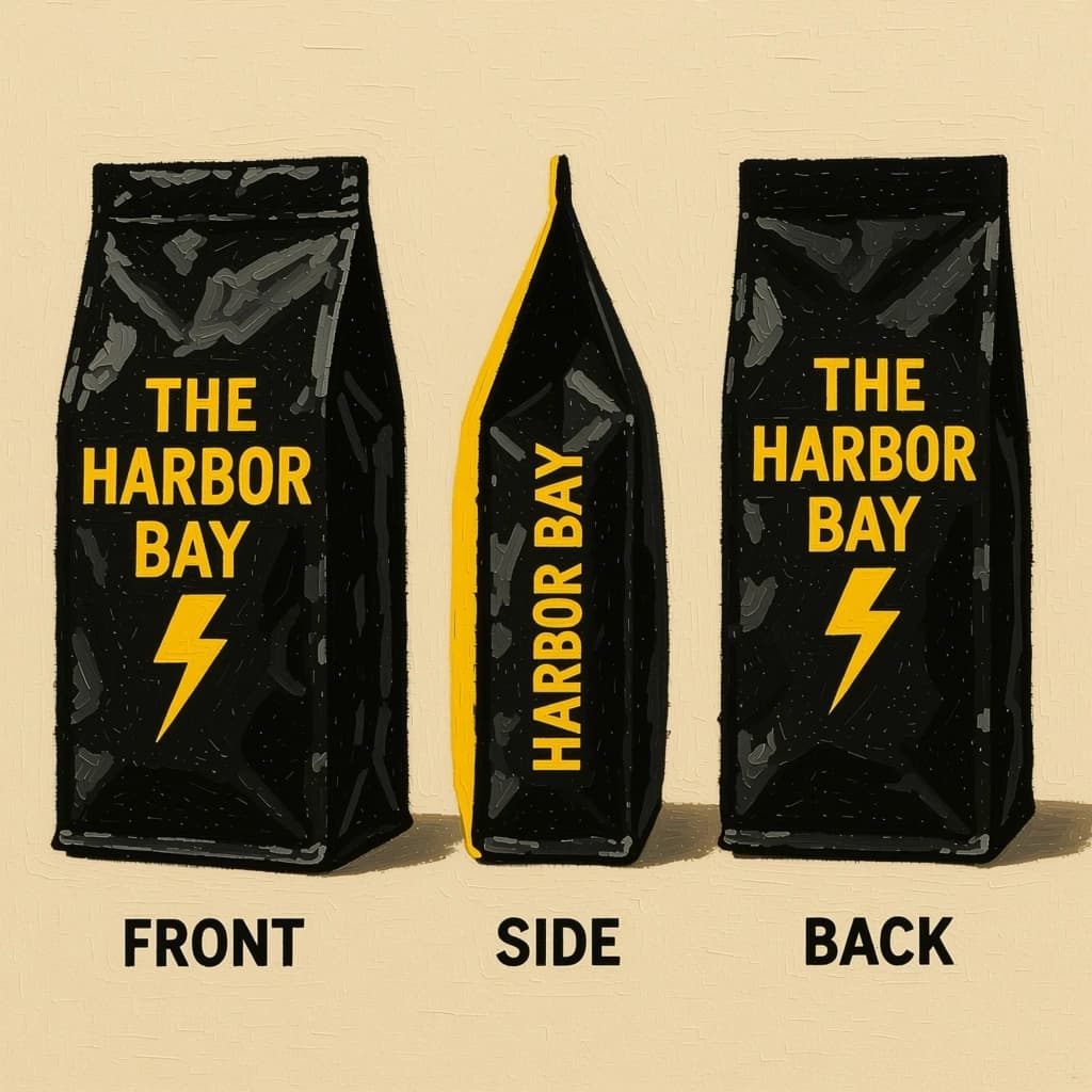 Gouache painting of the same coffee bag drawn in three views, captioned "front", "side" and "back", every view carrying the wordmark "The Harbor Bay" with a lightning-bolt symbol beside it in the same black-and-yellow coloring, only the angle changing.