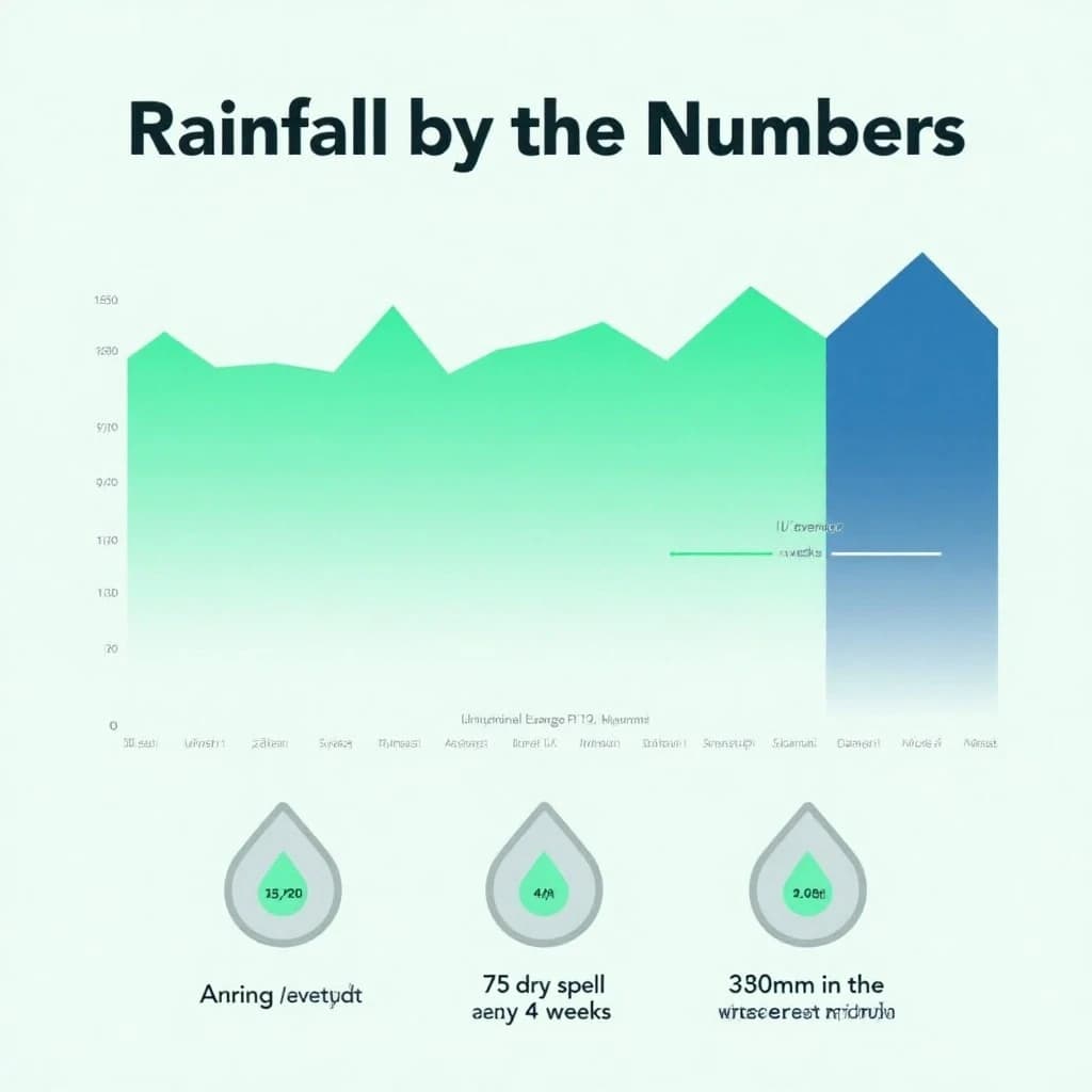 Flat infographic titled "Rainfall by the Numbers": at the center a twelve-month rainfall timeline, carrying two keyed regions, "Average" shaded pale green and "Wettest" shaded dark blue, beside a bottom row of three stat chips reading "1 dry spell every 4 weeks", "175 rain days last year" and "380mm in the wettest month".