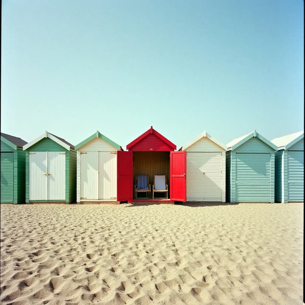 35mm film photo of seven beach huts in a row on a shingle bank. The three left huts are mint green with white doors, the middle one is red with its doors open showing two deckchairs inside, the three right huts are pale blue and shuttered.