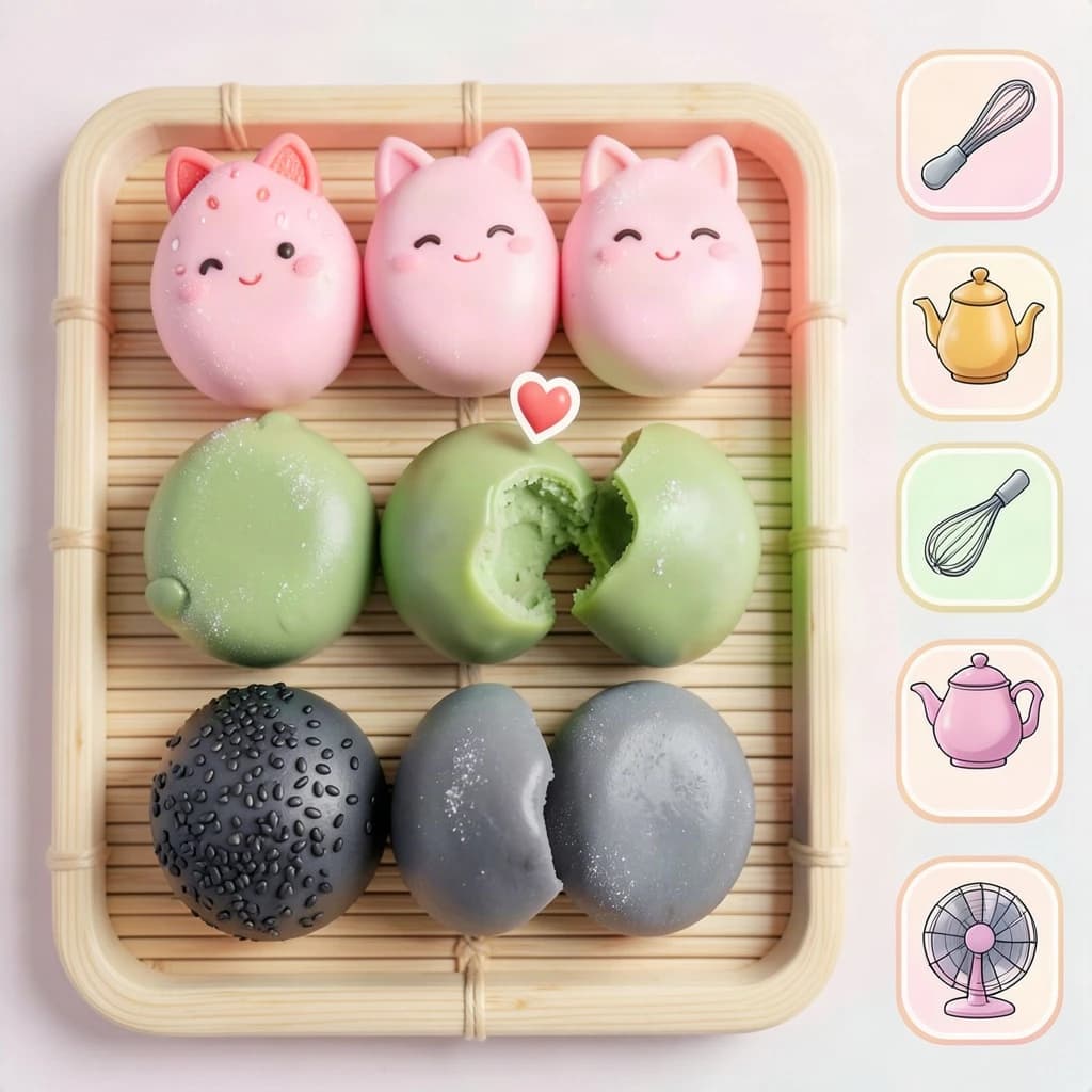 Match three board for a cozy sweets game, cute stylized 3D animation look. Nine mochi in a three by three grid on a bamboo tray: the top row strawberry pink, the middle row matcha green, the bottom row black sesame grey. The center green one has a bite taken out and a small heart icon floating above it. Two of the pink mochi wear tiny cat ears. To the right of the tray, a vertical strip of three power up icons, a whisk, a teapot and a fan. Soft pastel lighting, glossy dusted surfaces.