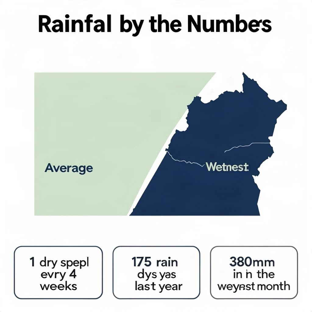 Flat infographic titled "Rainfall by the Numbers": at the center a twelve-month rainfall timeline, carrying two keyed regions, "Average" shaded pale green and "Wettest" shaded dark blue, beside a bottom row of three stat chips reading "1 dry spell every 4 weeks", "175 rain days last year" and "380mm in the wettest month".