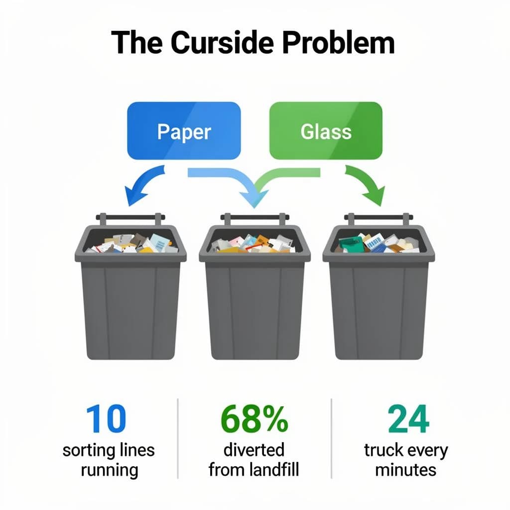 Flat vector illustration titled "The Curbside Problem". Three sorting bins with arrows to their destinations sits at the center, carrying two keyed regions, "Paper" shaded blue and "Glass" shaded green. Three stat chips run down a bottom row, reading "10 sorting lines running", "68% diverted from landfill" and "1 truck every 24 minutes". Each key color matches the shading of the region it names.