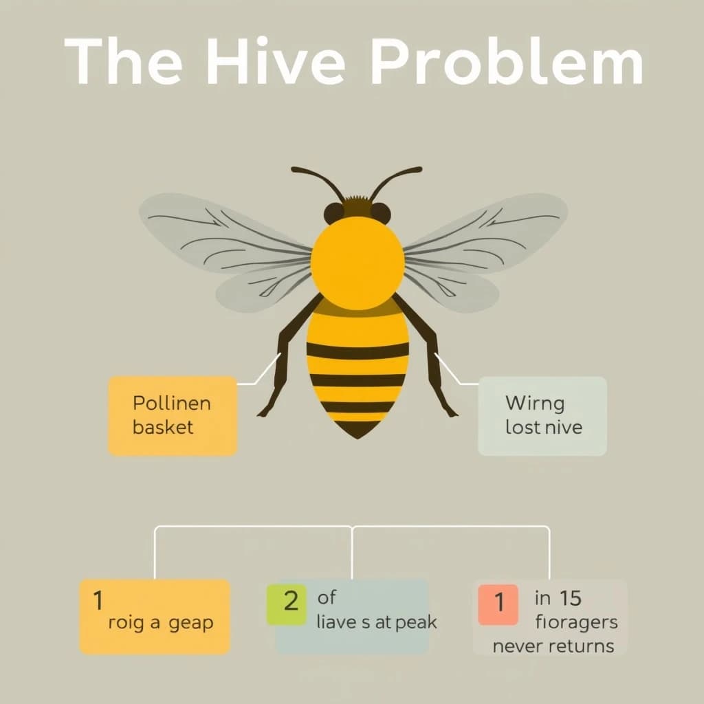 Flat vector illustration titled "The Hive Problem". A labeled bee diagram sits at the center, carrying two keyed regions, "Pollen basket" shaded amber and "Wing pair" shaded slate. Three stat chips run down a bottom row, reading "1,900 eggs a day at peak", "14% of hives lost last winter" and "1 in 15 foragers never returns". Each key color matches the shading of the region it names.