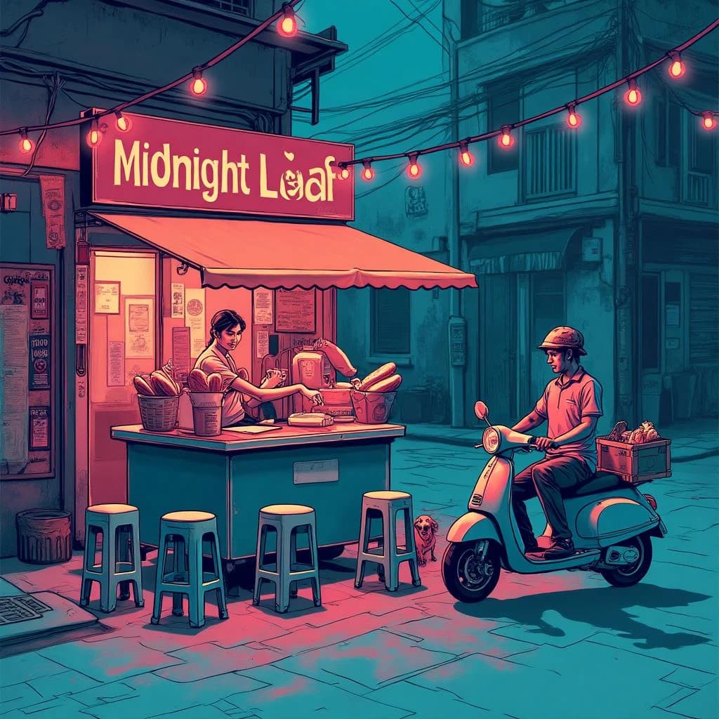 Two-color risograph print key art in fluorescent pink and teal with visible misregistration and paper grain, for a street food courier game. A night market alley: the banh mi cart at center with three baguettes standing upright in a basket and two more being sliced by the vendor, who hands one wrapped sandwich down to a courier straddling a scooter. Four plastic stools in front of the cart, three occupied and the one nearest the gutter tipped over. Two strings of bulbs cross overhead. A dog waits under the cart axle. The stall banner reads "Midnight Loaf".