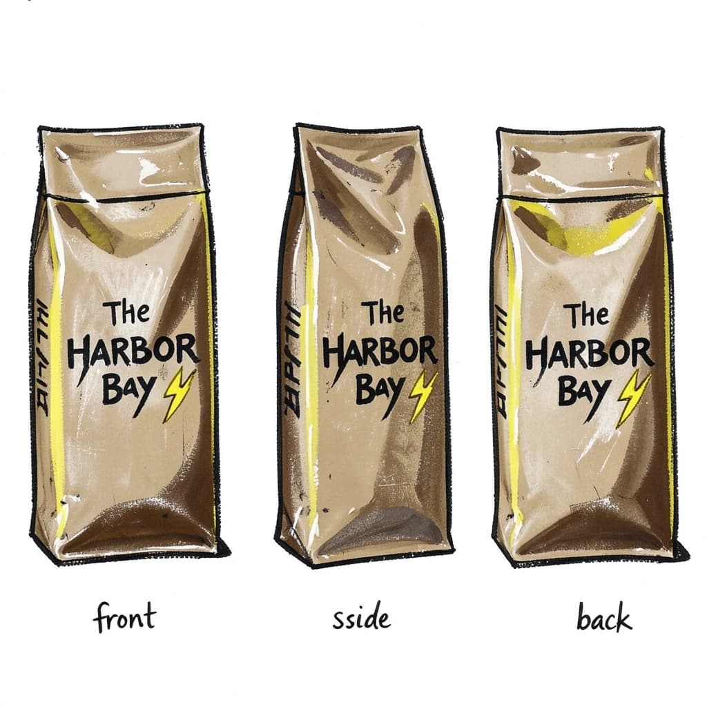 Gouache painting of the same coffee bag drawn in three views, captioned "front", "side" and "back", every view carrying the wordmark "The Harbor Bay" with a lightning-bolt symbol beside it in the same black-and-yellow coloring, only the angle changing.