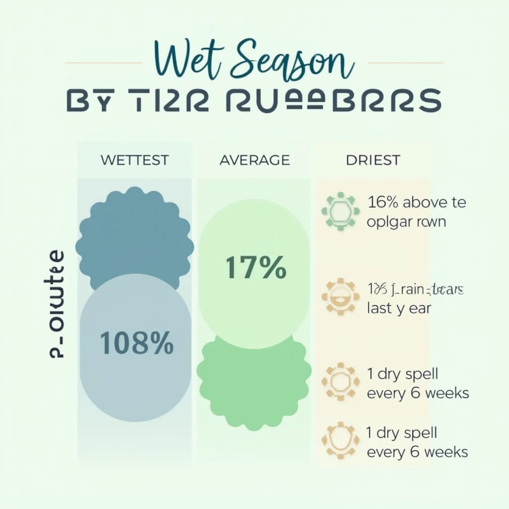 Flat vector illustration titled "Wet Season by the Numbers". A twelve-month rainfall timeline sits at the center, carrying three keyed regions, "Wettest" shaded dark blue, "Average" shaded pale green and "Driest" shaded sand. Three stat chips run down a right column, reading "16% above the ten-year mean", "85 rain days last year" and "1 dry spell every 6 weeks". Each key color matches the shading of the region it names.