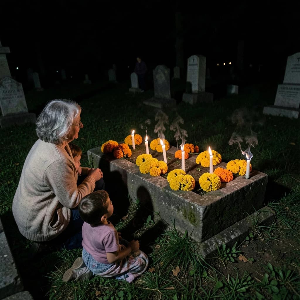 Photojournalism frame from a cemetery vigil at night: one grave slab carrying seven marigold garlands and nine lit candles, three of the candles guttered out and smoking, a grandmother and two children kneeling along the near edge.
