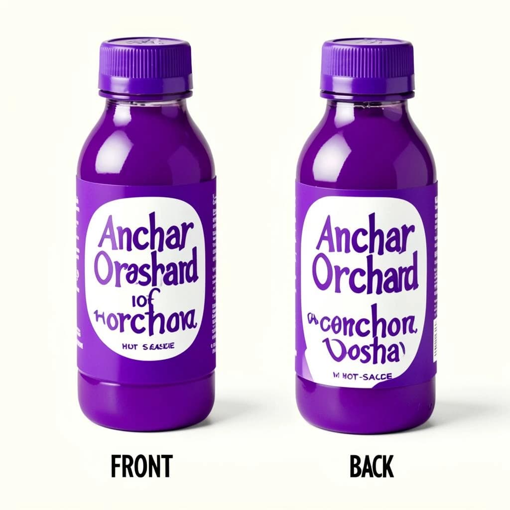 Printed poster: one hot-sauce bottle in two views. The views are captioned "front" and "back" in that order. The wordmark "Anchor Orchard" appears on every view. The purple-and-white coloring is the same across every view, and only the angle changes.