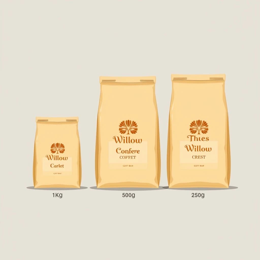 Flat vector illustration of the same coffee bag drawn in three sizes, captioned "1kg", "500g" and "250g", every size carrying the wordmark "The Willow Crest" in the same orange-and-brown coloring, only the bag size changing.