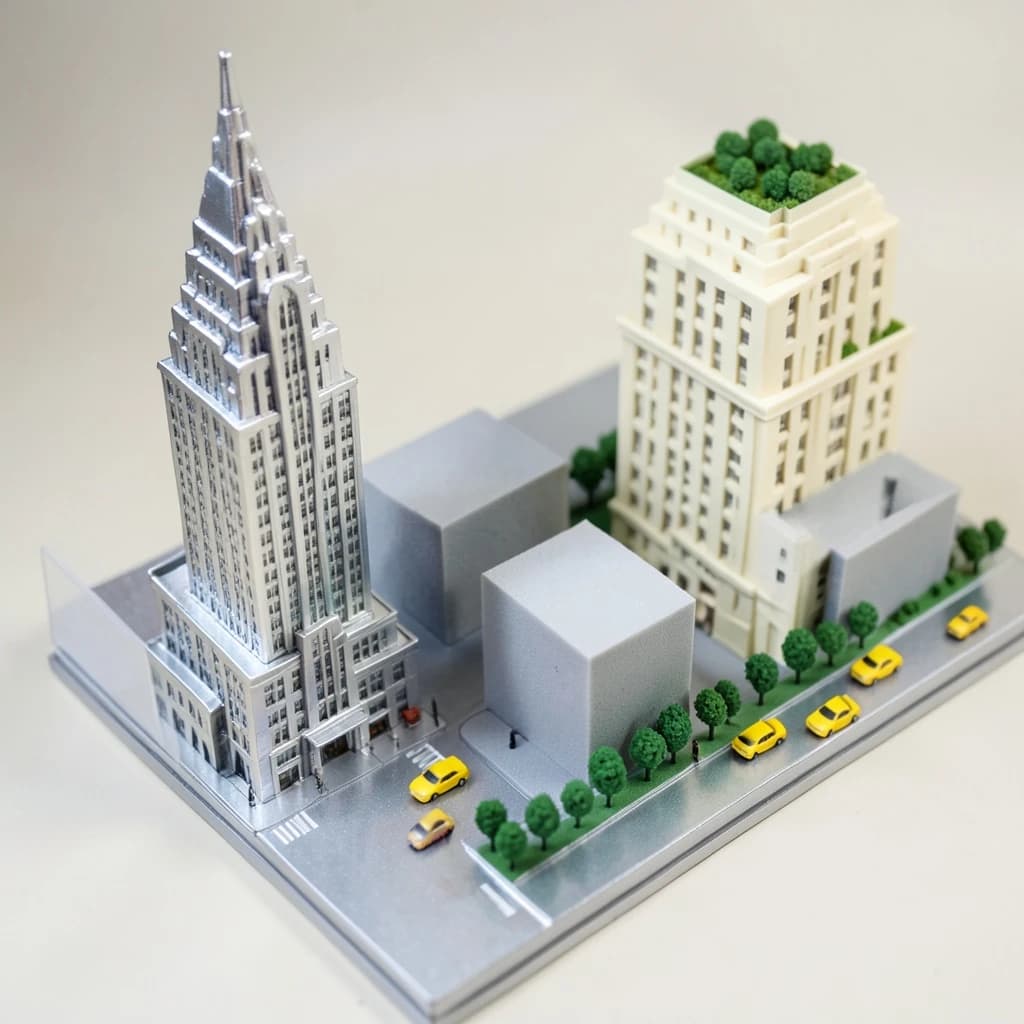 Tilt shift photograph of a hand built architectural scale model of a Midtown Manhattan block, studio lit from the upper left.
The Chrysler Building stands on the corner in polished silver card with its stepped crown and triangular windows. Directly across the street sits a proposed cream limestone tower, two floors shorter, topped by a stepped roof garden. Between them four smaller grey massing blocks in plain foam. Six tiny yellow cabs on the avenue, three stopped at the crossing and three queued behind, with a line of green model trees down the median.