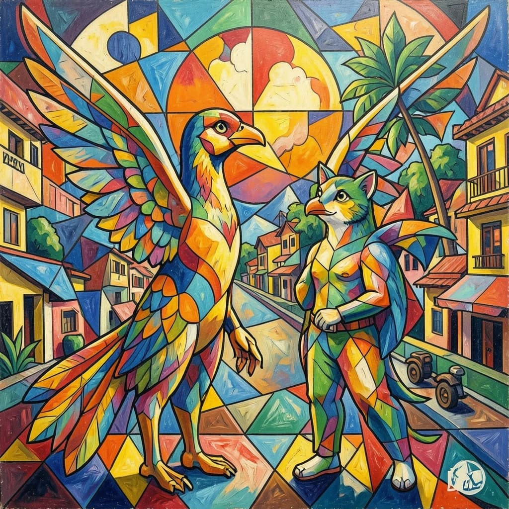 Flight Feather and Catalufa in Hanoi, Vietnam in the style of cubist