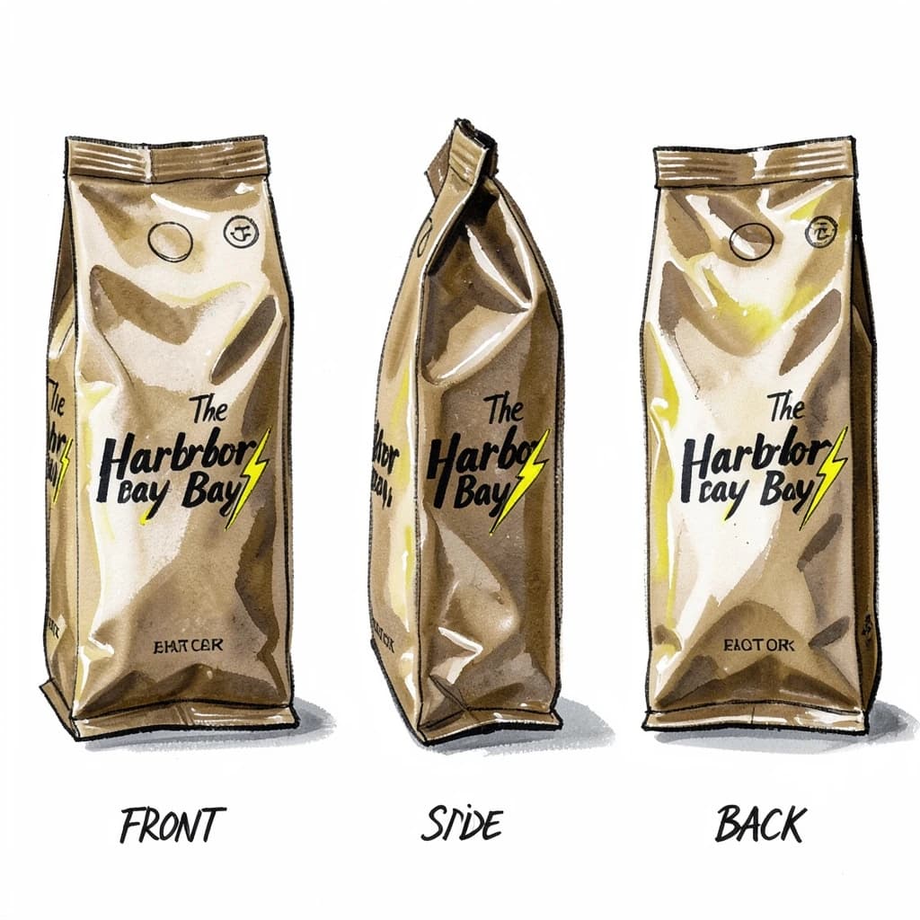 Gouache painting of the same coffee bag drawn in three views, captioned "front", "side" and "back", every view carrying the wordmark "The Harbor Bay" with a lightning-bolt symbol beside it in the same black-and-yellow coloring, only the angle changing.