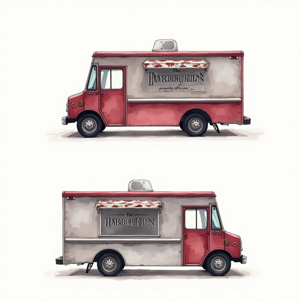 Watercolor of the same food truck drawn in two sides, captioned "left side" and "front", every side carrying the wordmark "The Harbor Kiln" with a simple crown outline beside it in the same maroon-and-gray coloring, only the side changing.